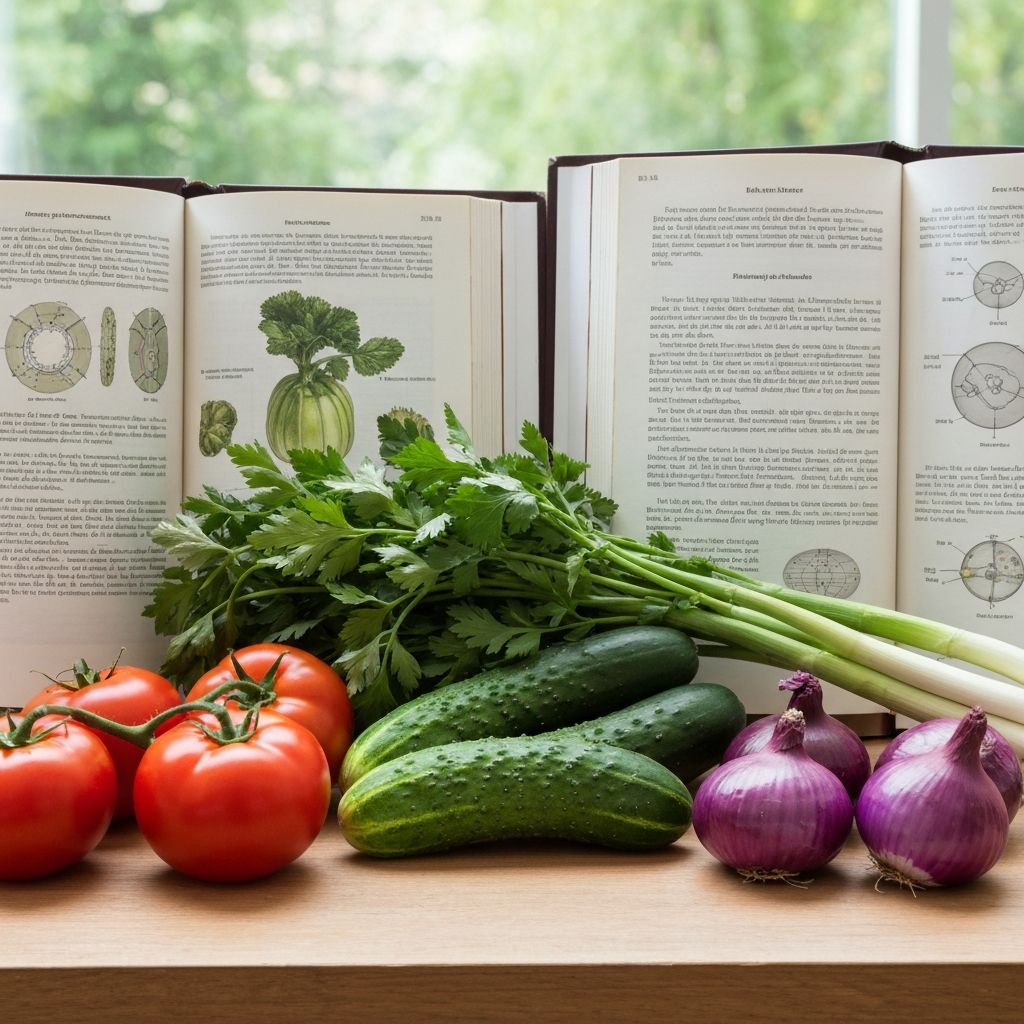 Fresh vegetables and herbs beside scientific books
