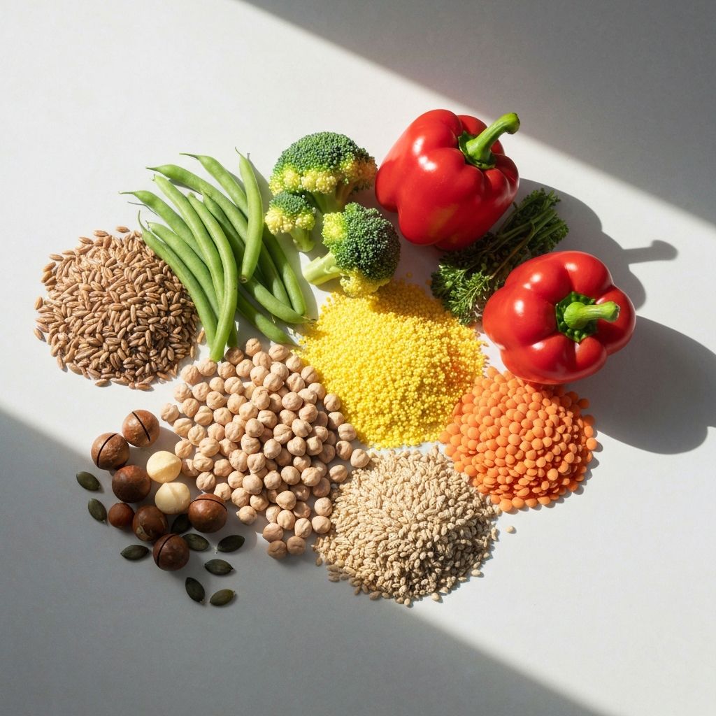 Fresh whole grains and vegetables representing food energy sources